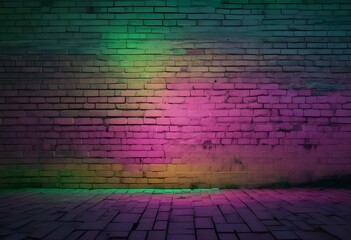 surreal and dreamlike, An industrial-style brick wall featuring intense green and purple lighting, with contrasting dark corners, creating depth and a sense of intrigue in the background., saturated, 