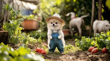 Wall Mural - A playful white Pomeranian stands proudly in a lush vegetable garden, wearing a straw hat and denim overalls as it delights in the vibrant surroundings filled with fresh vegetables and animals