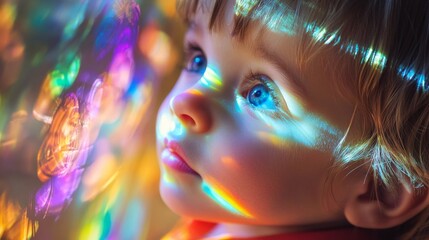 a close-up of a child's face with vibrant rainbow reflections and bright blue eyes, capturing wonder