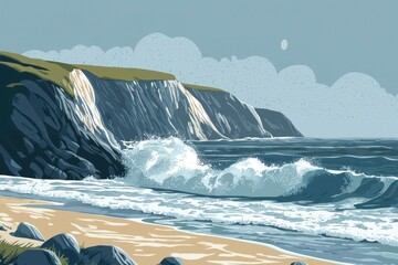 Wall Mural - Cliffside Beach with Crashing Waves and a Sandy Shore