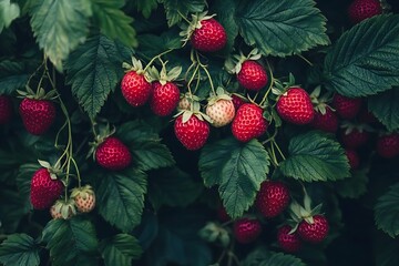 Closeup of ripe red strawberries on green vine, fresh organic fruit, summer harvest