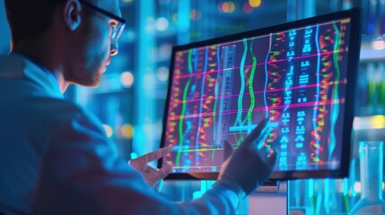   A man wearing a white shirt gazes intently at a monitor displaying a vibrant pattern while pointing at it