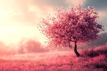 Canvas Print - Single Pink Blossom Tree in Field at Sunrise, Springtime Nature Scene