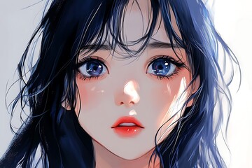 Canvas Print - Anime girl portrait with blue eyes, black hair, and pink cheeks.