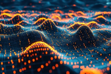 Abstract Wavy Grid with Glowing Orange Dots