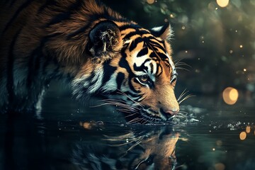 Close up portrait of a tiger drinking water in the forest at night