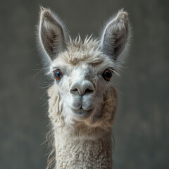 Wall Mural - Fluffy alpaca portrait with adorable eyes, ears, and cute expression in a studio setting