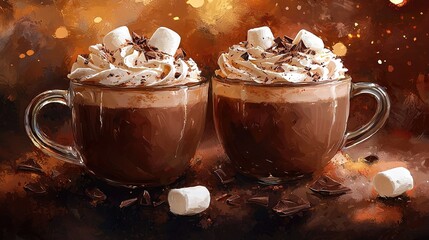 Wall Mural -   Two steaming mugs of hot chocolate adorned with fluffy marshmallows and shredded chocolate, sitting atop a cozy wooden table