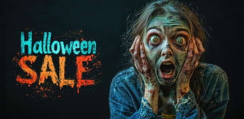 Portrait of living dead woman and Halloween Sale text on black background, excited surprised scary zombie face. Theme of card, people, shopping, shock, banner