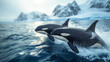 © Hype2Art - Majestic orcas swimming in the Arctic ocean with ice mountains and glaciers in the background