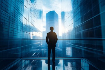 Silhouette of a businessman looking out over city skyline. Concept of success, ambition, and vision for the future.