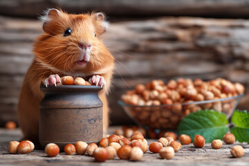 Wall Mural - Cute hamster with fur and whiskers gnawing on nuts in a wooden bowl on a rustic table