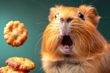 Wall Mural - Surprised furry hamster with cheese snack and crackers on green background, adorable and funny expression