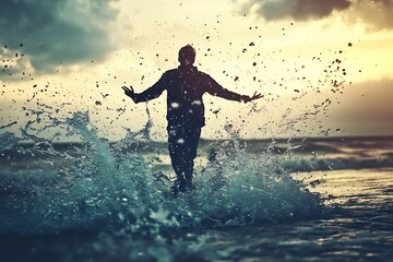 Silhouette of man walking into ocean waves at sunset.  Hope, freedom, faith, and renewal concept.