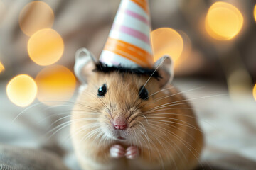 Wall Mural - Adorable hamster in a cute party hat for a furry birthday celebration with bokeh lights