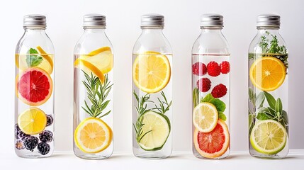 Sticker -   A collection of four glass vials containing various fruits and vegetables in each one