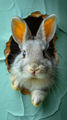 Poster - Rabbit with large ears peeking through a hole, showing adorable fur and whiskers in a closeup shot