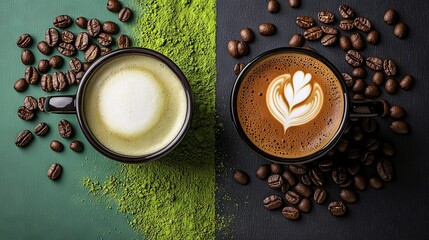 Wall Mural -   Two mugs of joe rest atop table with adjacent heaps of beans & greens