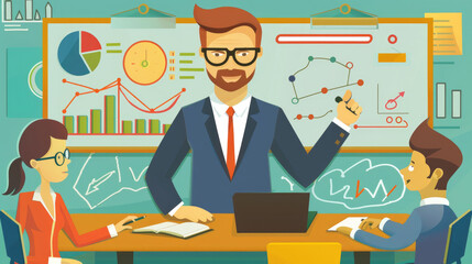 Wall Mural - A professional is actively engaging a young audience while presenting data insights using charts and graphs in a modern office setting