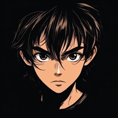 Wall Mural - Anime Face of a Boy from a Cartoon on a Black Background. Hero Anime Character in Japanese Style with Manga Influence.