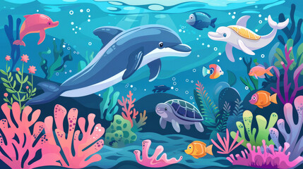 Sticker - A lively underwater habitat showcasing dolphins, colorful fish, turtles, and corals against a bright blue backdrop of the ocean