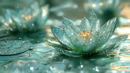 Poster -   A close-up photo of a waterlily with water droplets on its upper and lower surfaces