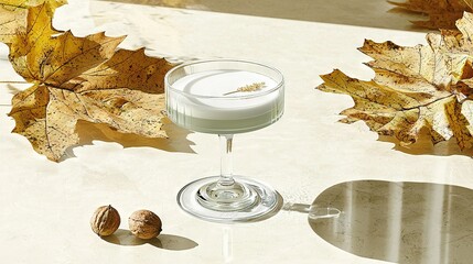 Wall Mural -   A glass of white wine sits atop a table next to a bottle of wine and a walnut shell