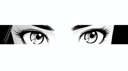 Wall Mural - Asian Female Eyes in Black and White Manga Style.   Cartoon Comic Concept Featuring Anime Character. Hand-Drawn  with Rectangle Frame and Minimalist Design on White Background