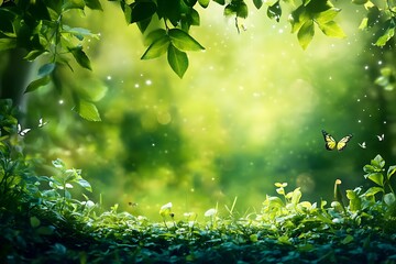 Canvas Print - Magical Forest Background with Sunlight, Butterfly, and Green Leaves