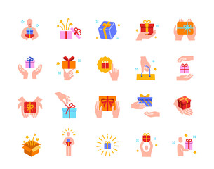 Wall Mural - Gift box icons set. Colorful signs with hands holding birthday or Christmas gifts and surprises. Event or party celebration. Flat vector illustration collection isolated on white background