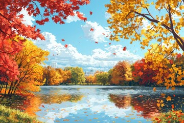 Wall Mural - Autumnal Lake Scene with Vibrant Trees and Cityscape in the Distance