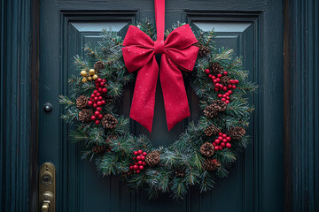 Canvas Print - A pine-scented wreath with a big red bow hanging on a front door. Concept of welcoming holiday decor.