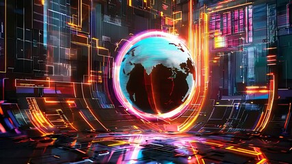 Glowing futuristic digital globe surrounded by abstract technology, representing a global network and advanced cyber systems in a high-tech environment