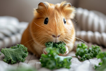 Wall Mural - Adorable guinea pig eating fresh kale, cute furry pet enjoying green vegetable