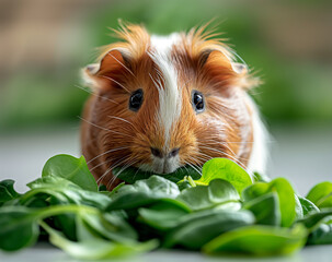 Wall Mural - Adorable guinea pig eating spinach close up: cute pet with green vegetable, small fur animal portrait