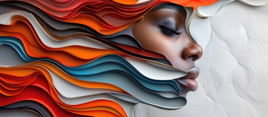 Captivating Surreal Digital Portrait Featuring Vibrant Wave Like Layers and Feminine Elegance   A evocative digital showcasing a profile view of a face with dynamic