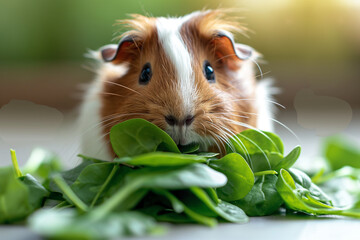 Wall Mural - Guinea pig eating spinach, cute animal eating green leaves in nature