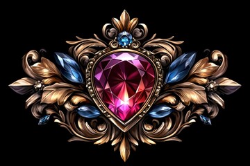 Sticker - Ornate Gold Frame with a Large Ruby and Blue Gemstones