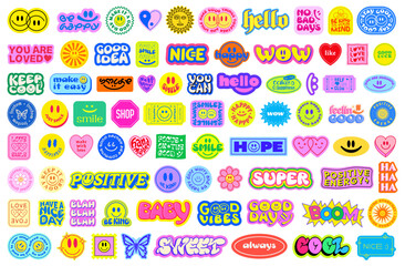 Poster - Cool Y2k Stickers Vector Elements Set. Collection Of Funny Pop Art Patches. Groovy Graphics. Cute 2000s Badges.