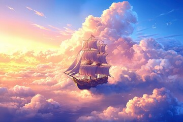 Wall Mural - A Ship Sailing Through a Sea of Clouds at Sunset