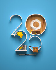 Wall Mural - Creative 2025 New Year design template on engineering, construction and maintenance theme. 3d render illustration for a greeting card, calendar or banner.