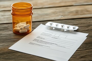 Closeup of a wooden table featuring a prescription form medications and a bottle