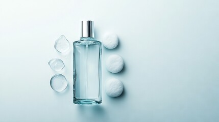 Poster -   A bottle of cologne sits atop a table, surrounded by ice cubes and another bottle of cologne