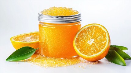   A jar of orange marmalade rests beside two orange slices and a green sprig