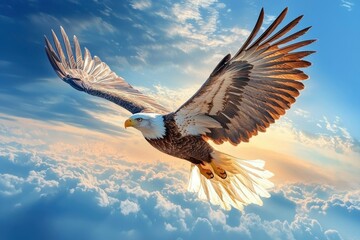 Bald Eagle Soaring Above a Sea of Clouds with Sunlight Filtering Through