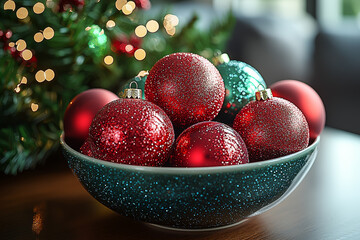 Sticker - A bowl of shiny red and green Christmas tree ornaments on a table. Concept of festive holiday colors.