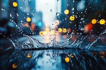 Canvas Print - Water Droplet Splashing in Puddle on Wet City Street with Bokeh Lights