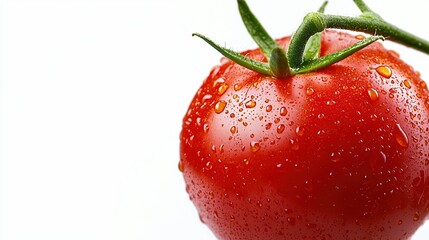   Close-up of a juicy tomato with water droplets on its surface and a green stem emerging from the top