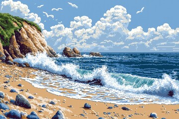 Wall Mural - Foamy Waves Crashing on a Sandy Beach with Rocks and a Cliff in the Background