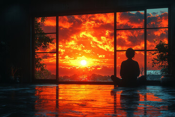 Wall Mural - A tranquil room with a person gazing out through an old window, with the reflection showing a vibrant sunset or sunrise, symbolizing the transition from reflection to realization.